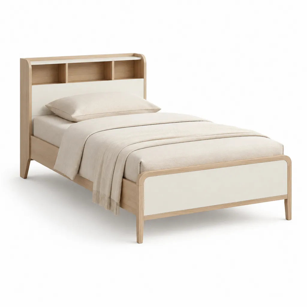 Einzelbett Bettgestell 90 x 200 cm aus Gummibaum Massivholz und MDF mit Stauraumkopfteil rechteckig Naturweiß