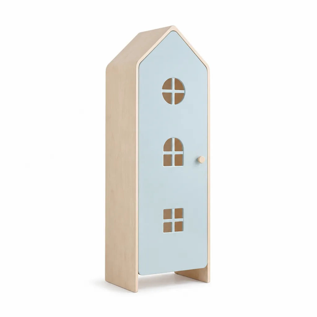 Kinder Kleiderschrank mit 1 Tür aus MDF und Birkensperrholz in Hausform Hellblau Natur 60 x 40 x 160 cm