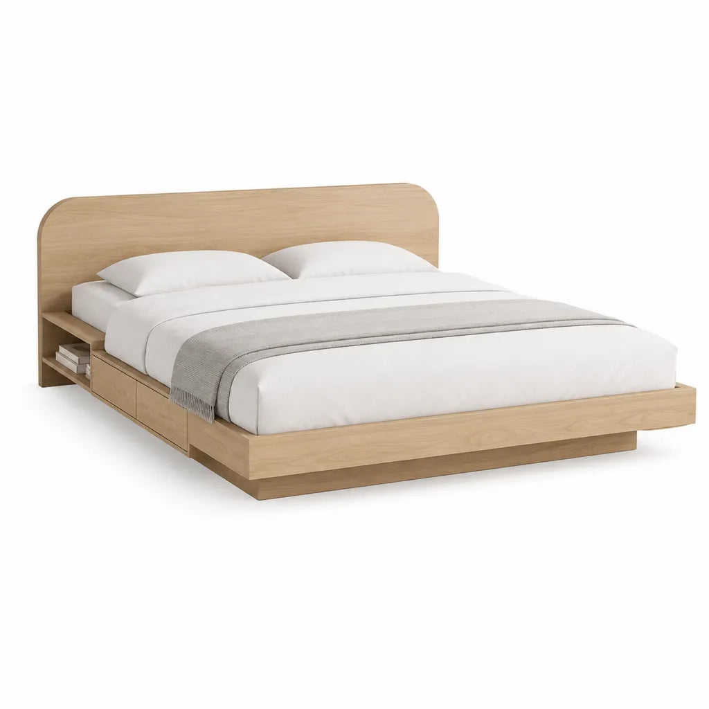 Doppelbett Bettgestell 180 x 200 cm mit Schubladen und Ablage aus MDF mit Eichenfurnier Natur
