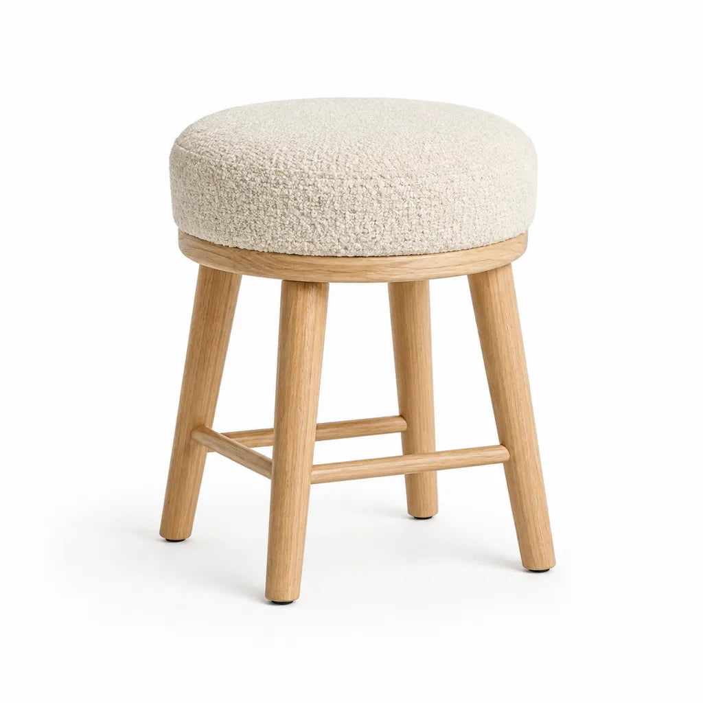 Runder Fußhocker mit Bouclébezug und Eichenholzgestell Creme 40 x 40 x 46 cm