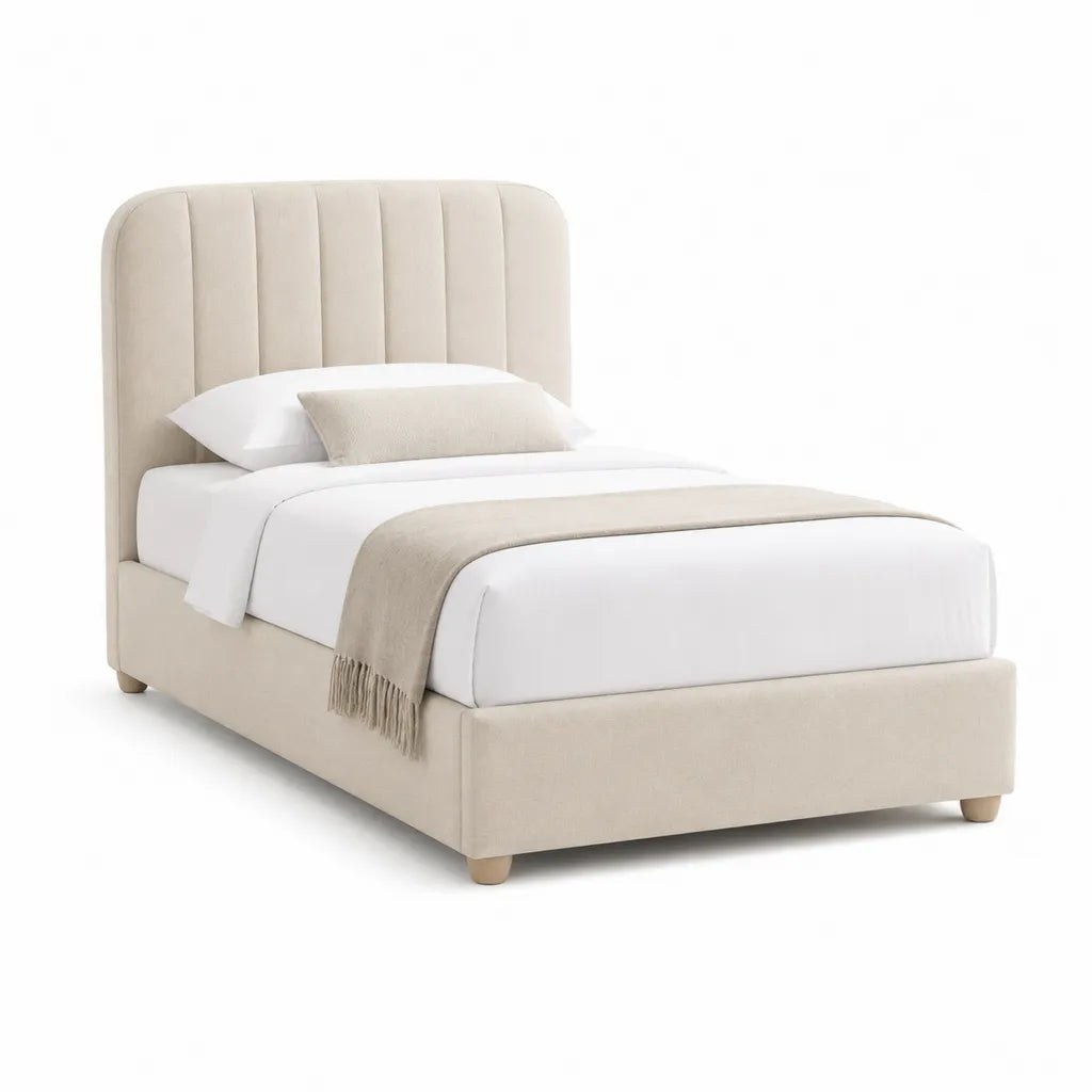 Polsterbett 90 x 200 cm mit Samtbezug und gerundetem Kopfteil in Beige