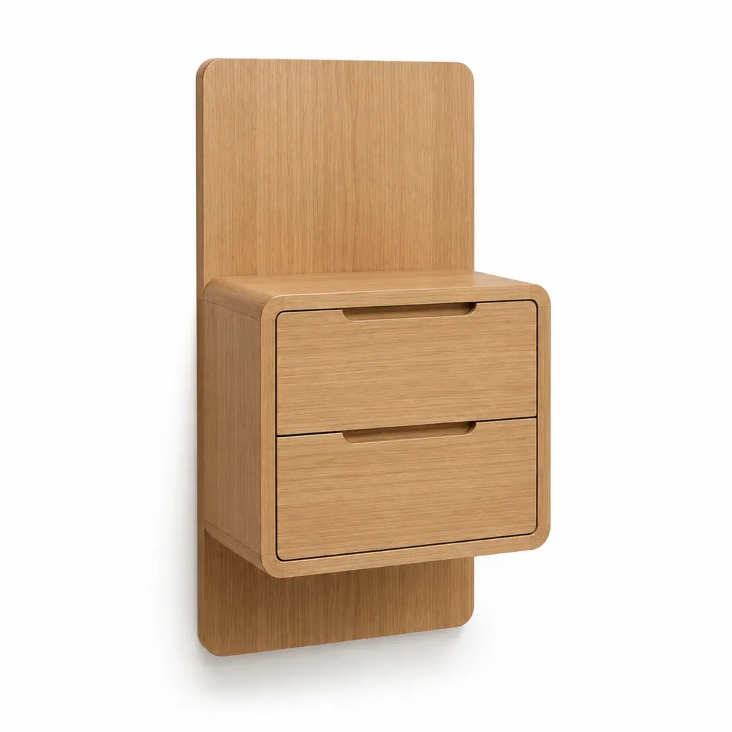 Wand-Nachttisch mit 2 Schubladen aus MDF mit Eichenfurnier rechteckig Natur 45 x 35 x 65 cm