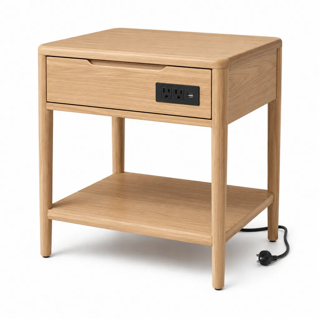 Nachttisch mit Steckdosen und USB-Anschluss aus massivem Eichenholz rechteckig Natur 50 x 40 x 60 cm
