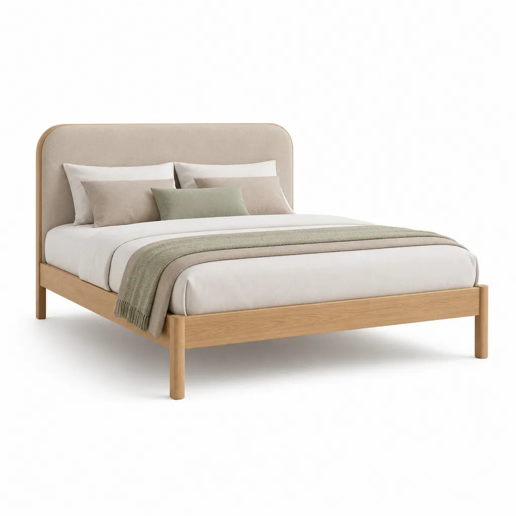 Polsterbettgestell 160 x 200 cm aus Gummibaum-Massivholz mit Polyester-Kopfteil Beige Natur