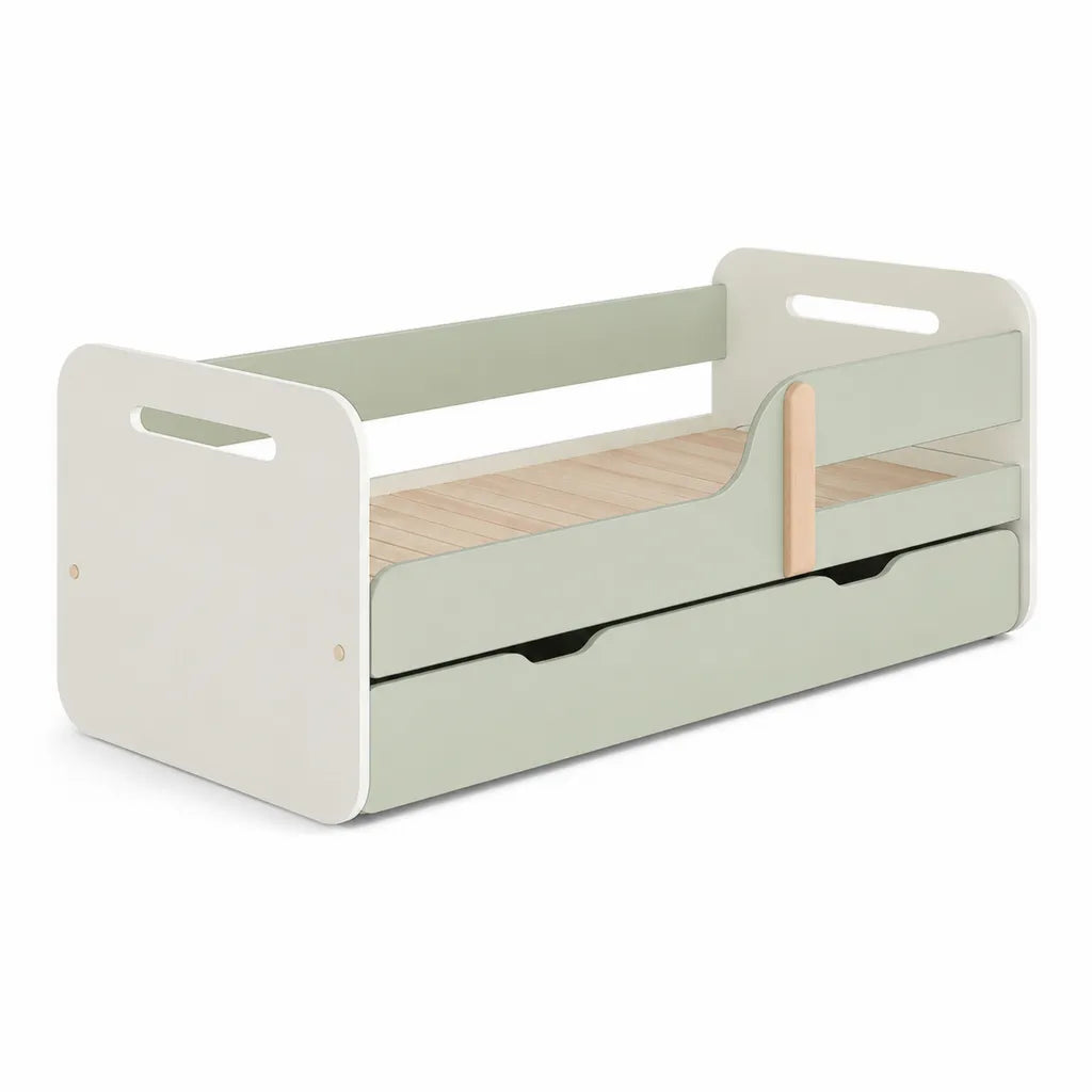Kinderbett mit Rausfallschutz und Schublade 140 x 70 cm MDF rechteckig Salbeigrün Weiß