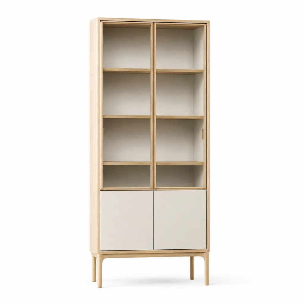 Vitrine mit Glastüren und Unterschrank aus MDF mit Eichenfurnier in Naturweiß 80 x 40 x 190 cm