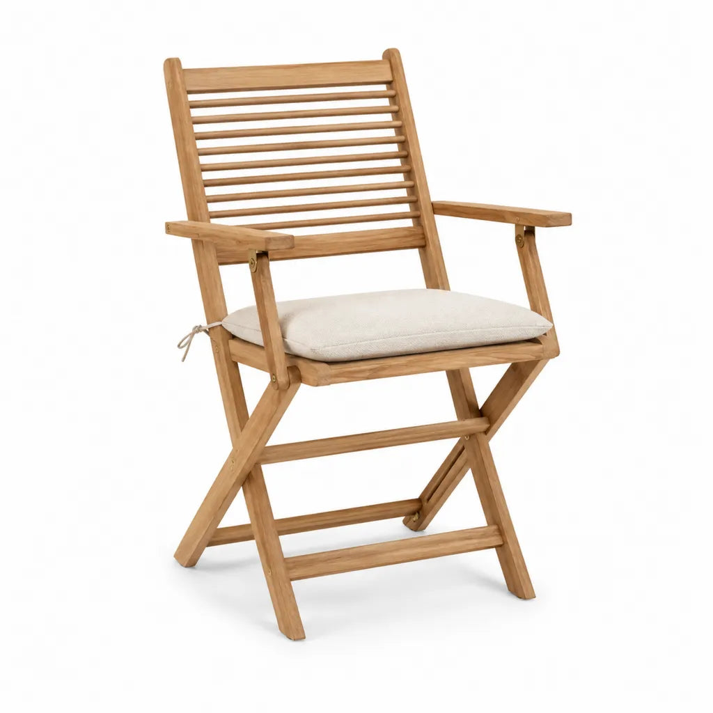 Klappbarer Gartenstuhl aus massivem Teakholz mit Armlehnen und Sitzkissen Natur 58 x 65 x 105 cm