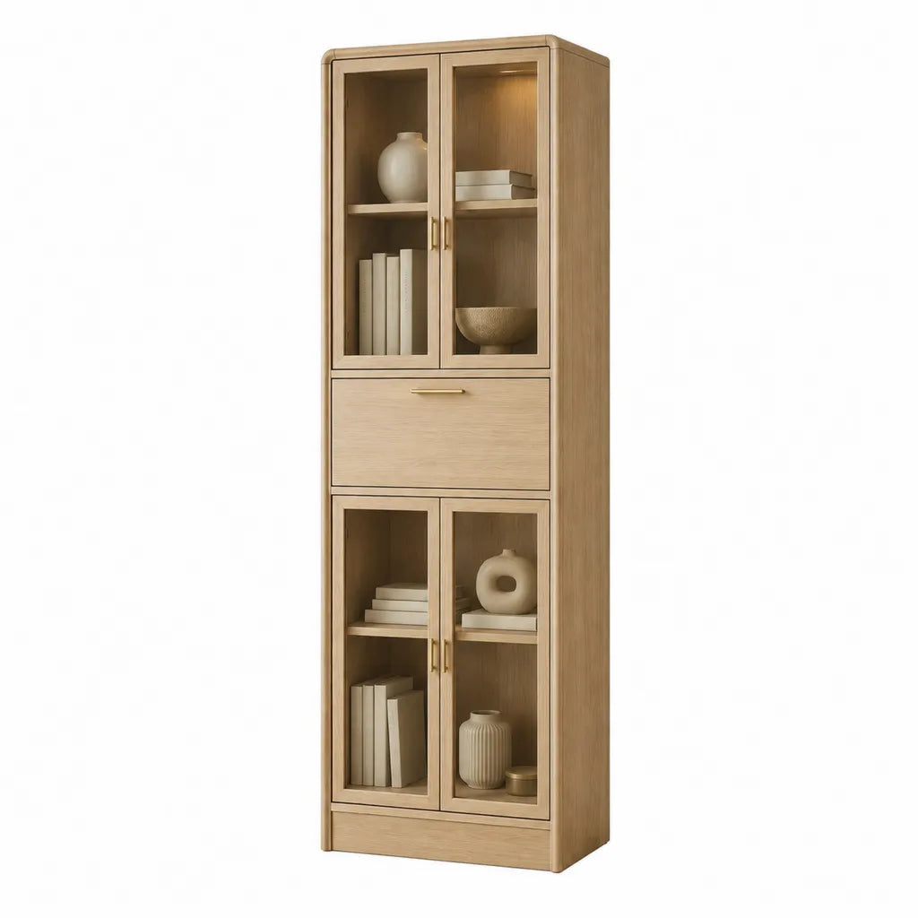Vitrine mit 4 Glastüren und Schublade aus MDF in heller Eichenoptik rechteckig 80 x 40 x 190 cm