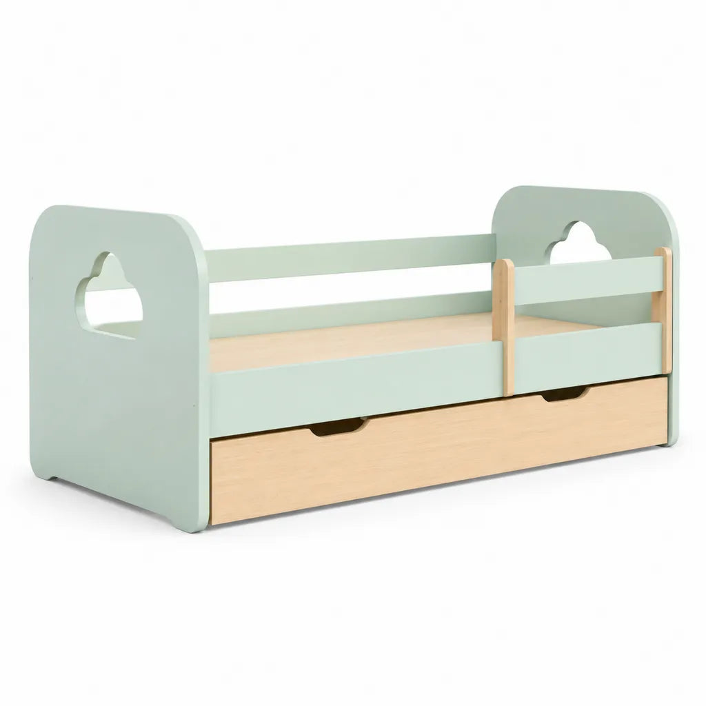 Kinderbett 140 x 70 cm mit Rausfallschutz und Schublade aus MDF in Mintgrün Natur