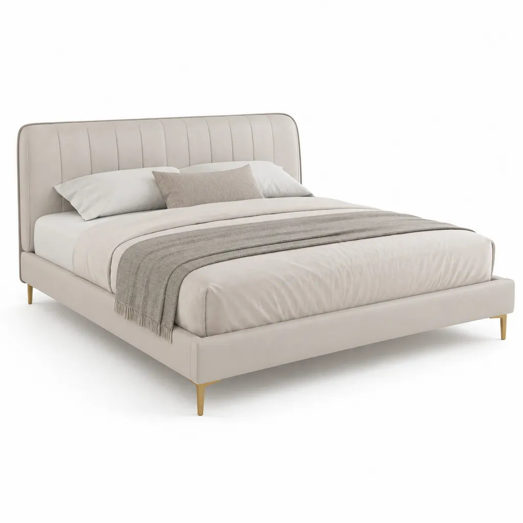 Polsterbett Doppelbett 180 x 200 cm mit hohem Kopfteil aus Polyester in Cremeweiß