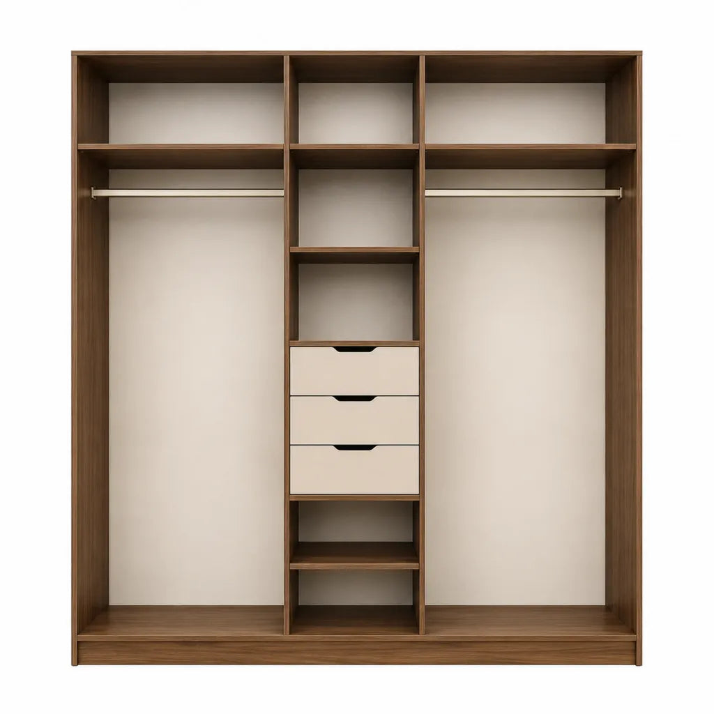 Offener Kleiderschrank 200 x 60 x 220 cm aus melaminbeschichteter Spanplatte in Nussbaum Creme mit 2 Kleiderstangen und 3 Schubladen